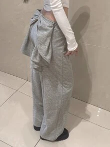 FRIFUL Women's Solid Color Wide Leg Sweatpants With Back Bow Detail - Grey - View 2