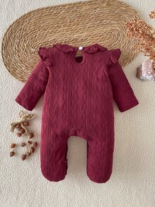 SHEIN Newborn Spring/Autumn Baby Girl Skin-Friendly Solid Color Cotton Footed Romper 0-9 Months Sweet Ruffle Collar Long Sleeve Snap Button Easy On/Off Crawl Suit - Burgundy - View 2