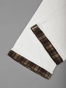 GlowEve CURVE Plus Size Fashion Plaid Patchwork Button Pocket Denim Jeans - White - View 5