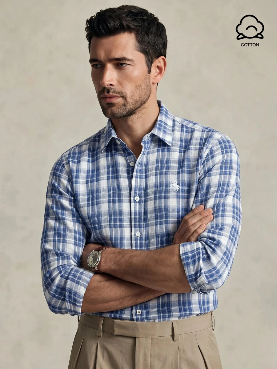 Lornavo Men's Plaid Knight Pattern Casual Daily Wear Shirt - Blue and White - View 1