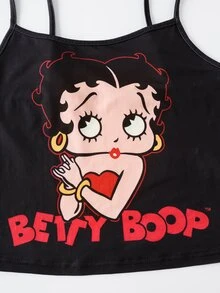 Betty Boop x SHEIN 女款字母卡通印花細肩帶上衣與短褲休閒居家睡衣套裝 - 黑色 - 查看 3