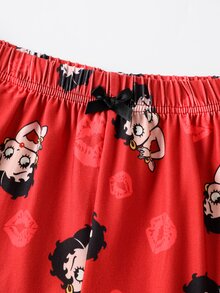 Betty Boop x SHEIN 女款字母卡通印花細肩帶上衣與短褲休閒居家睡衣套裝 - 黑色 - 查看 4
