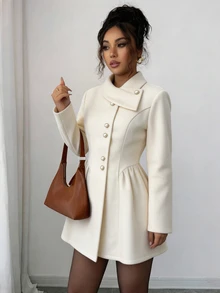 SHEIN Elenzya Mantel Panjang Elegan Warna Polos untuk Musim Gugur/Dingin, Pas di Pinggang - Aprikot - View 4