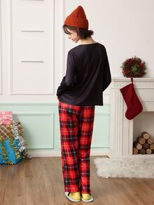 Chillnights Women's Christmas Santa Plaid Knit Long Sleeve Pants Pajama Set - Multicolor - View 2