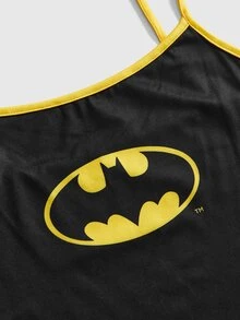 Batman X ROMWE طقم بيجامة نسائي كاجوال مرح مكون من كاميسول وشورت - الأسود - مشاهدة 3