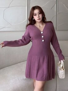 Vibekara Plus Size Women's Autumn/Winter French Style Elegant Versatile Ruffle Sexy Knit Short Dress - Red Violet - View 7