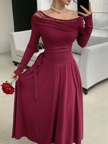 DAZY Women's Solid Color Contrast Lace Asymmetrical Shoulder Long Sleeve Side Waist Knot Elegant Mid-Length Dress Fall - Burgundy - View 5