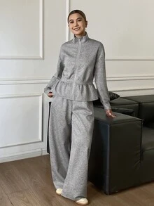 Livesso Women's 2pcs Casual Floral Bud Ruffle Trim Jacket And Pants Set Fall - Grey - View 5