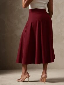 Vixey Lightweight Woven Gathered High Waist Midi Skirt - Burgundy - View 5