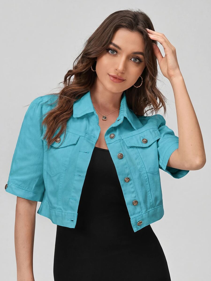 SHEIN EZwear 休閒純色中袖短版牛仔夾克 - 橘色 - 查看 1