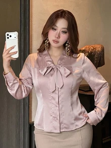 Dazy Plus Solid Color Casual Fitted Collar Short Length Fun Commute White Long Sleeve Shirt Fall - Dusty Pink - View 5
