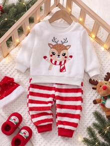 SHEIN Playful Pals 2件組女嬰可愛紅白馴鹿條紋毛絨套裝，長袖圓領加厚衛衣褲，冬季秋季派對服飾 - 紅白色 - 查看 4