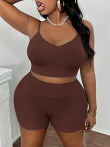 Slaydiva Summer Basic Loose Fit Women's Plus Size Outdoor Casual Set - Rust Brown - View 5