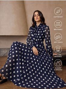 BELROSIE 法式浪漫風波點收腰百褶長袖洋裝/印花：有(隨機) - 彩色 - 查看 1