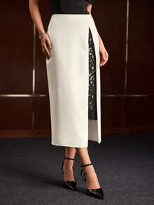 MOTF PREMIUM ROK WANITA DENGAN BELAHAN RENDA KONTRAST - Aprikot - View 5