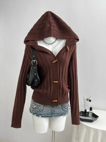 Elamini Women's Solid Color Casual Versatile Daily Wear Hooded Cardigan - Brown - View 5
