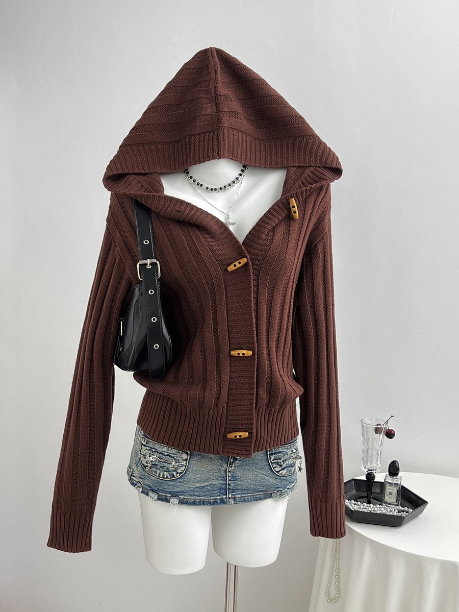 Elamini Women's Solid Color Casual Versatile Daily Wear Hooded Cardigan - Brown - View 1