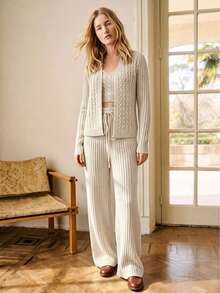 SHEIN Women's Solid Color Camisole Top And Cardigan And Long Pants Knit 2 Pieces Set - Khaki - View 4