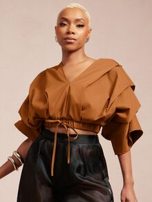 Vixey Solid Woven Pleated Structured Sleeve Drawstring Waist Top - Redwood - View 4