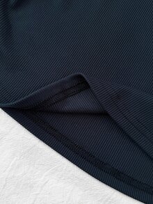 SHEIN 青少年女孩皇家藍白色領針織休閒拼色收腰修身T恤，附小Logo刺繡 - 藍色 - 查看 5
