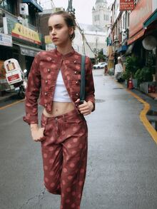 Nöista Pink Polka Dot Cropped Military Jacket. Fall Winter, Retro, Cute, Casual, Statement Piece. - Red - View 5