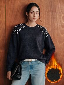 Anewsta Women's Fall Fashion Round Neck Beaded Long Sleeve Sweatshirt For Vacation And Travel Tea Party Everyday Navy Blue Autumn Elegant Casual - Black - View 1