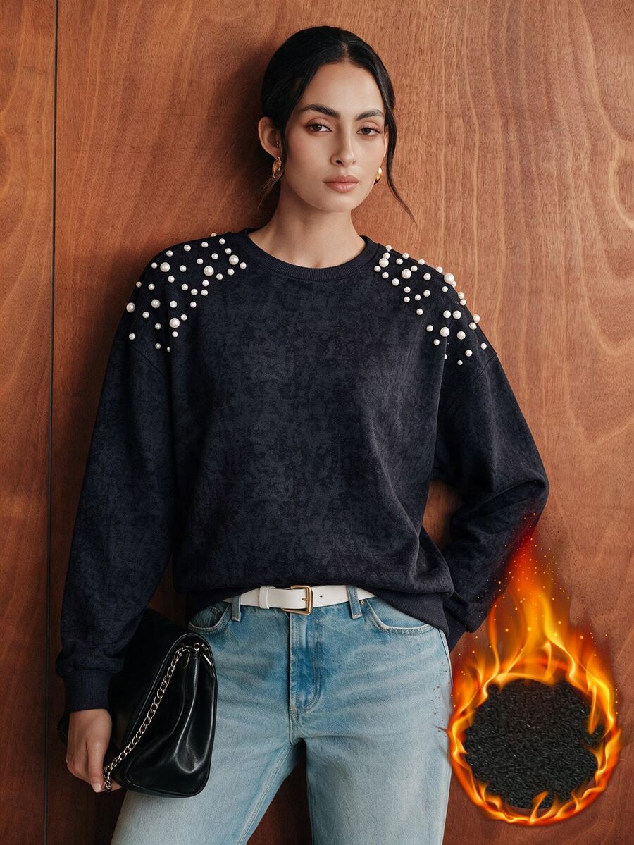 Anewsta Women's Fall Fashion Round Neck Beaded Long Sleeve Sweatshirt For Vacation And Travel Tea Party Everyday Navy Blue Autumn Elegant Casual - Black - View 1