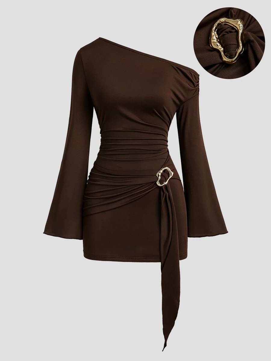 Sweetra Sexy Sweet Simple Vintage Party Night Out Casual Long Sleeve Bodycon Asymmetrical Shoulder Flared Sleeve Ruched Side Autumn Dress Dark Brown - Brown - View 1