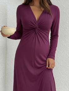 DAZY Solid Color Fitted Waist Twist Deep V Long Sleeve Elegant Vacation Spring Autumn Maternity Dress - Burgundy - View 5