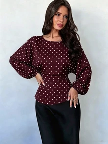 Firerie 女款新款極簡優雅浪漫休閒都市通勤時尚百搭咖啡棕圓領蝙蝠袖長袖收腰X型修身襯衫，教師穿搭，秋季穿著 - 酒紅色 - 查看 4