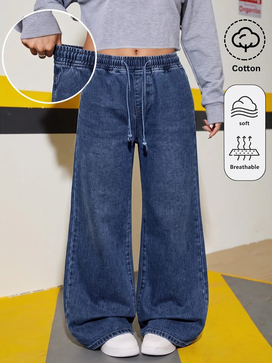 SHEIN Tween Girl Girls' Deep Blue Loose Fit Denim Long Pants - Dark Wash - View 1