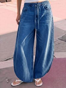 Maija Damen-Jeans mit Kordelzug-Bund, Taschen, weitem Bein und lockerer Passform, hellblau, lässig, für Herbst, Alltag und Reisen - Dunkle Waschung - Übersicht 8