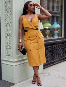 Slaydiva Plus Size Mustard Yellow Double-Breasted Blazer Vest Dress - Yellow - View 6