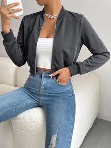 SHEIN EZwear 春季服飾 素色拉鍊短版飛行夾克 - 深灰色 - 查看 5