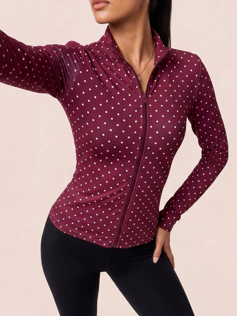 SHEIN BAE 女款圓點印花前拉鍊修身運動夾克 - 酒紅色 - 查看 1