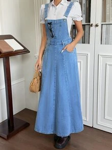 Rivivi Gaun Terusan Denim Kasual Wanita dengan Desain Saku - Biru - View 6