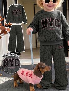 Baby Girl Fashion Casual Colorblock Letter & Leopard Print Crew Neck Long Sleeve Sweatshirt & Leopard Print Letter Wide Leg Pants Set, Soft Fabric, Suitable For Outings In Autumn/Winter - Multicolor - View 1