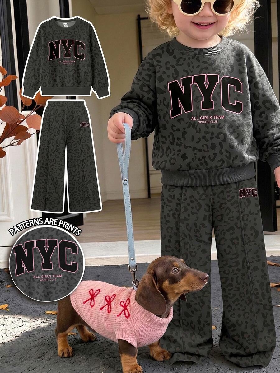 Baby Girl Fashion Casual Colorblock Letter & Leopard Print Crew Neck Long Sleeve Sweatshirt & Leopard Print Letter Wide Leg Pants Set, Soft Fabric, Suitable For Outings In Autumn/Winter - Multicolor - View 1