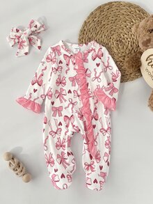SHEIN Newborn Baby Boy Cute Knitted Casual Bowknot Pattern Romper & Headband Set - Pink - View 8