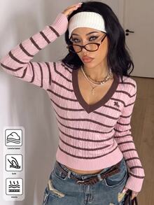 Coolane 女款騎士圖案條紋V領長袖休閒毛衣 - 彩色 - 查看 1