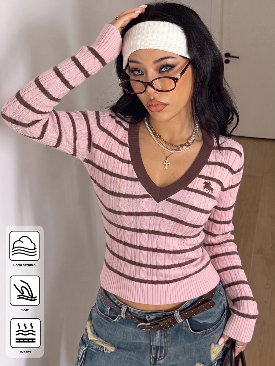 Coolane 女款騎士圖案條紋V領長袖休閒毛衣 - 彩色 - 查看 1