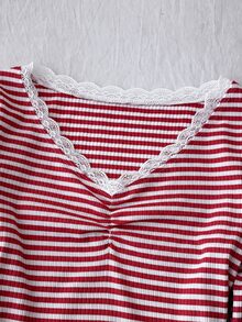 Tween Girl Tween Girl Tween Girls Striped Ruched Chest Long Sleeve Lace Trim - Red - View 6