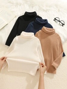 SHEIN 4件裝男孩針織高領素色T恤，休閒舒適秋季與冬季衣櫥單品 - 彩色 - 查看 6