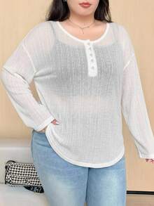 REIGN AVE Solid Color Large Scoop Neck Half-Placket Long Sleeve T-Shirt Spring/Summer - White - View 6