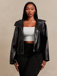 SHEIN SXY Plus Size Women's Black PU Loose Cropped Puffy Jacket - Black - View 3