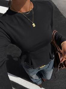 Siren Gaze Solid Color Round Neck Long Sleeve Slim Fit T-Shirt For Women, Autumn New Style - Black - View 9