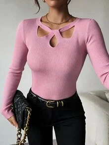 SHEIN Clasi 女款素色鏤空設計長袖修身針織衫 - 粉色 - 查看 3