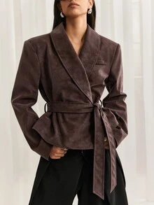 LYSMO Jaket Lengan Panjang Wanita Warna Polos Kasual Serbaguna untuk Sehari-hari - Coklat - View 1