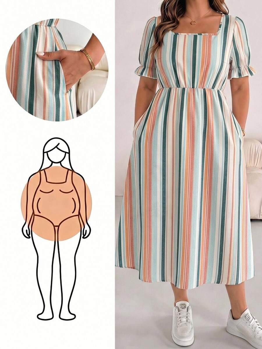 SHEIN Essnce 大尺碼女款條紋百褶休閒日常夏季洋裝 - 彩色 - 查看 1