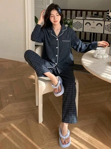DAZY 2pcs Plaid Embroidered Pattern Pajama Set Fall - Navy Blue - View 6